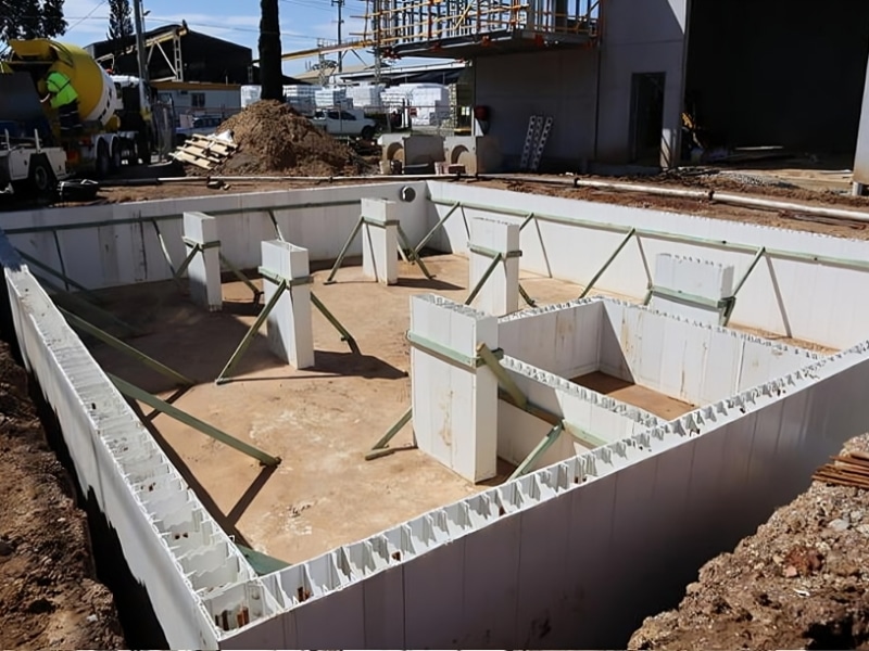 Foundation setup demonstrating insulated formwork finishes.