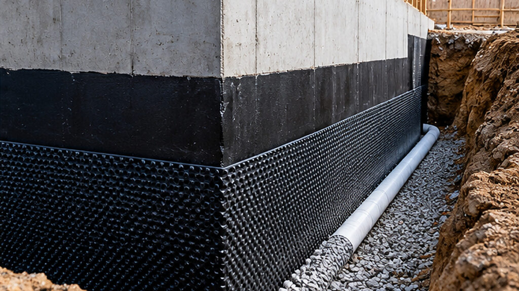 Below-ground concrete basement wall with waterproof membrane, drainage board and drainage pipe.