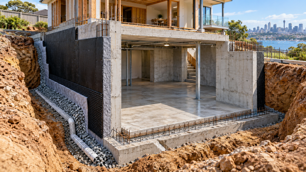 Reinforced concrete basement wall construction showing excavation, waterproofing and drainage around an Australian residential building.