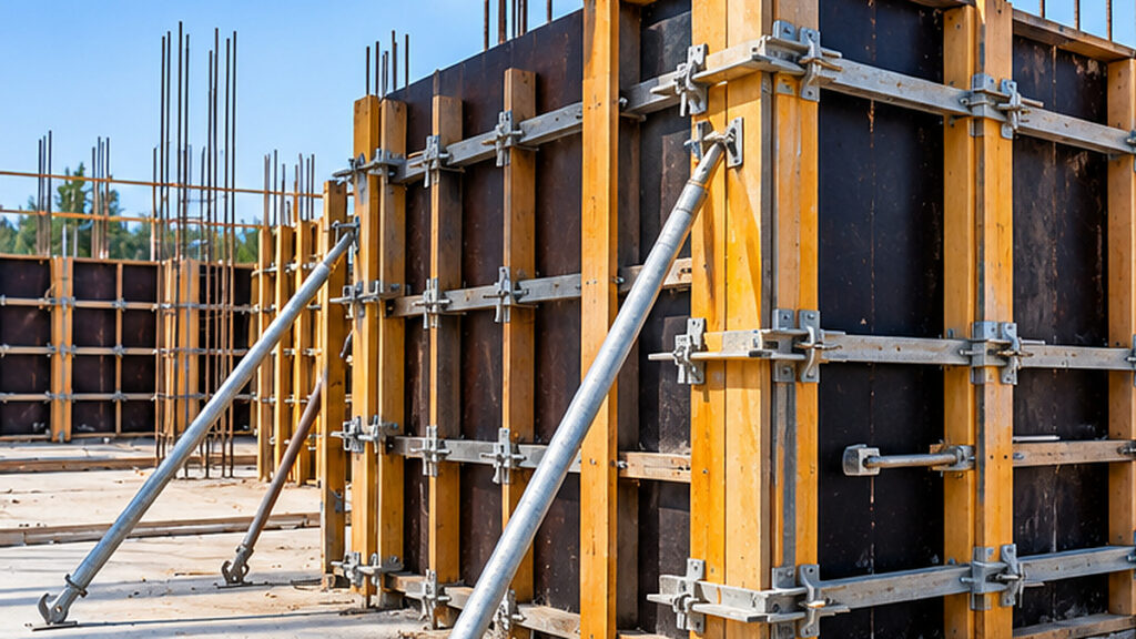 Timber and steel concrete wall formwork with structural bracing at a construction site.
