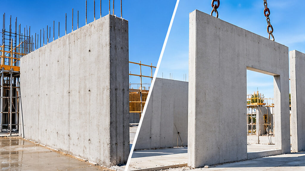 Comparison of an in situ concrete wall and a precast concrete panel being installed by crane.