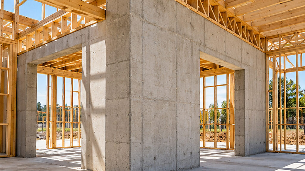 Structural concrete load-bearing walls supporting timber framing in a building under construction.