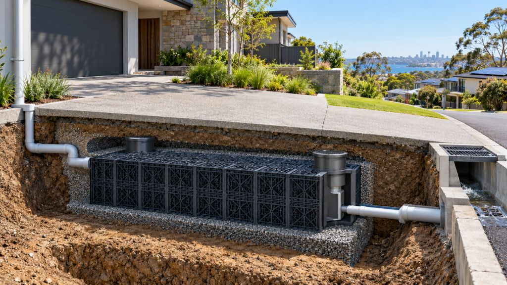 Underground on-site stormwater detention tank with inlet and outlet pipes installed beneath a residential driveway in NSW.