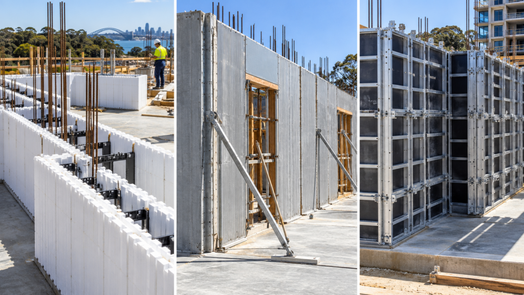 Comparison of permanent concrete formwork systems and prefabricated wall panels used in Australian residential and commercial construction.
