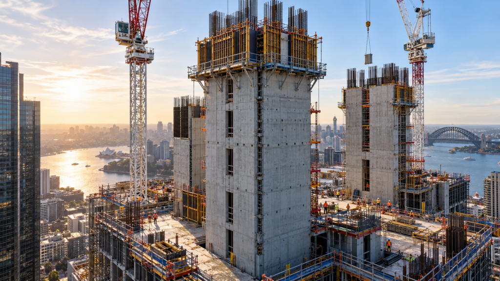 Reinforced concrete shear walls and lift cores under construction with formwork, scaffolding and tower cranes on an Australian high-rise project.