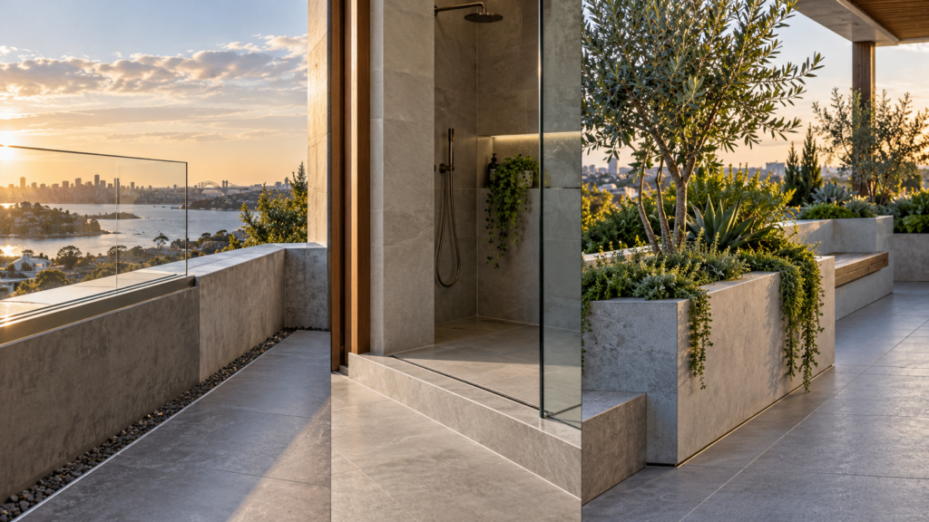 Concrete upstand wall, shower hob and raised planter box illustrating common residential construction applications.